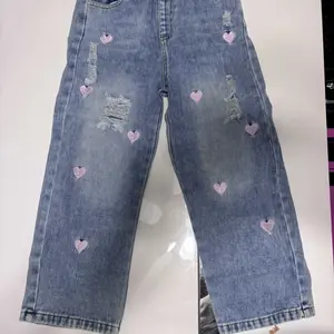 Girls' Denim Wide Leg Jeans, Light Blue Wash, Sweet Cute Casual Style, Heart Embroidery Ripped Design, Soft Comfortable Cotton