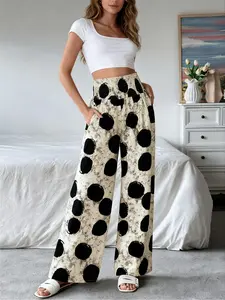 Women's Long Wide Leg Loose Casual High Waist Pants, Large Polka Dot Design, Perfect for Everyday, Vacation, Comfortable and Stylish, Ideal for Outdoor Activities