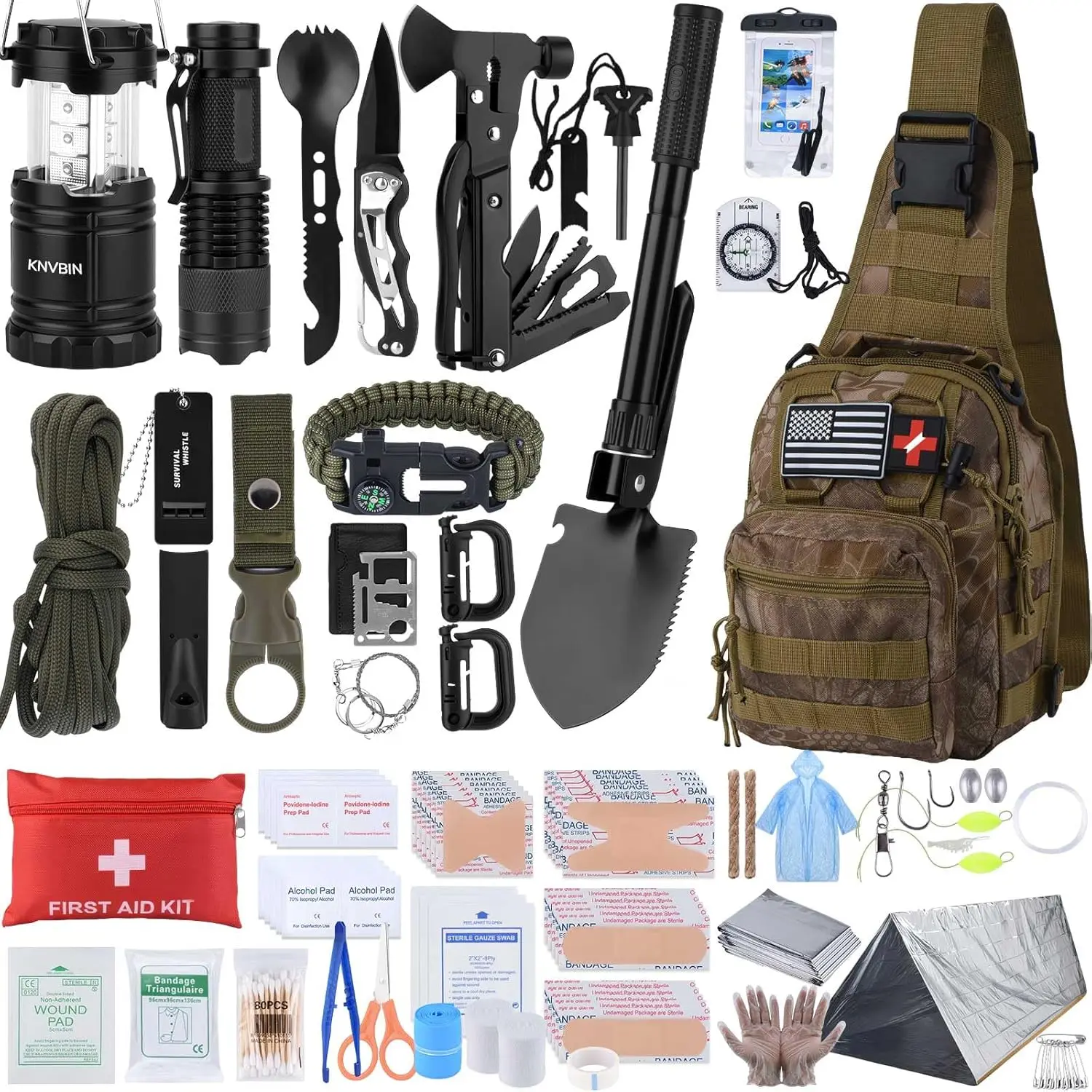 250 Piece Tactical Survival Kit with First Aid Trauma Pouch & Emergency Tent, MOLLE Crossbody Bag - Christmas Gifts for Men, Boyfriend, Gift from Daughter, Camping, Hiking, Father’s Day, Dads, Birthdays, Husbands, Thanksgiving, Compact, Trauma Supplies, A