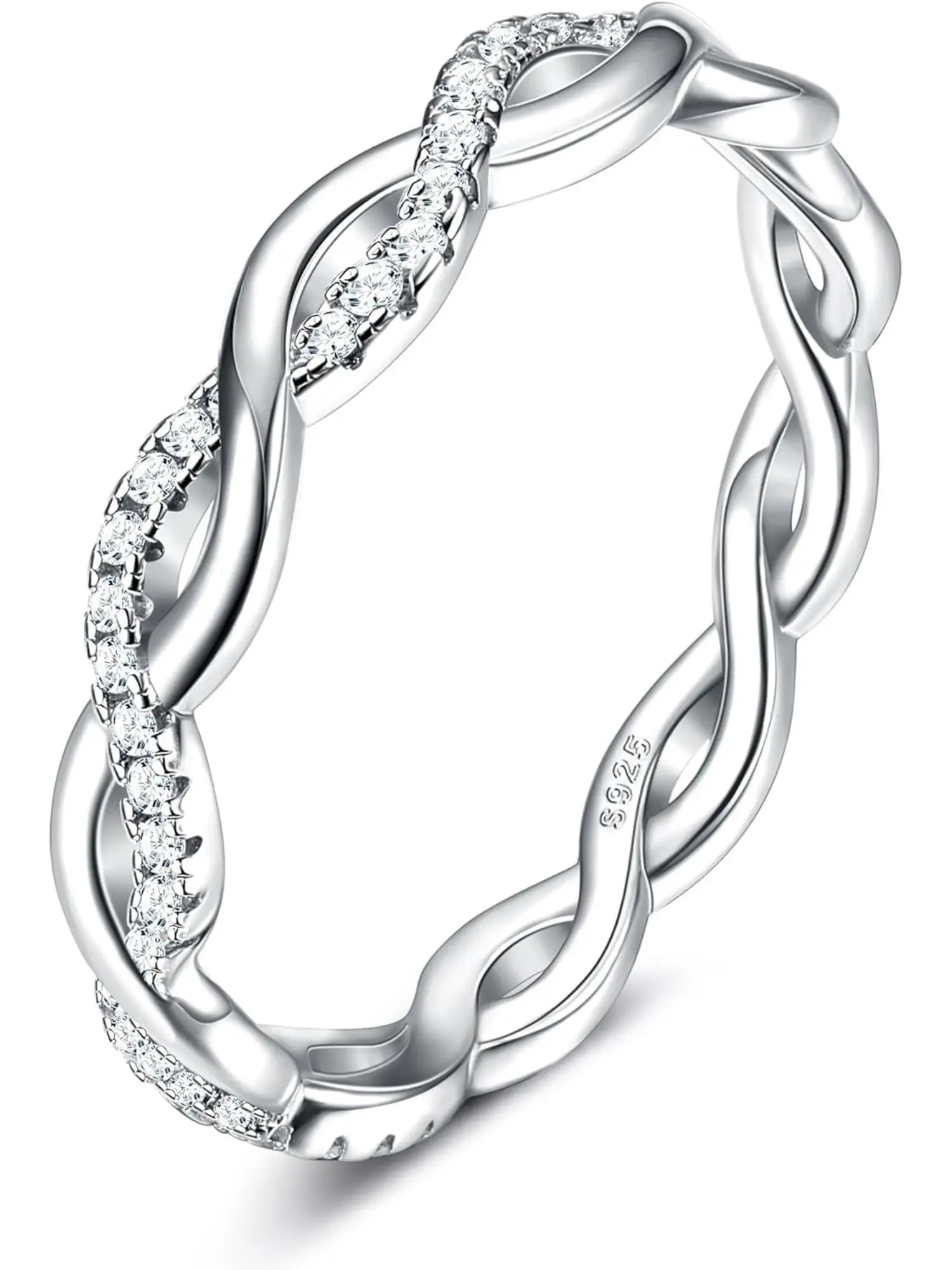 1 Pc 925 Sterling Silver Rings for Women Silver Twisted Rope Intertwined Ring Infinity Cubic Zirconia Eternity Wedding Band Engagement Promise Stackable Rings for Her
