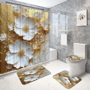 3D Floral Flower Shower Curtain Set, 1pc/4pcs, Bathroom Decor, Includes 12 Hooks, Non-Slip Bath Mat, U-Shaped Pad, Toilet Seat Cover, Bathroom Decoration Accessories