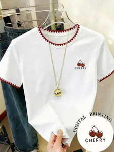 Women's Cherry Digital Print Short Sleeve Tee, Sweet Casual Style, Soft and Breathable Daily Wear