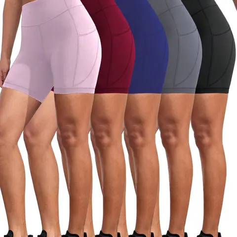 5-PACK Summer Quick-drying Seamless High-waisted Compression Yoga Shorts With Pockets For Running/gym Lounge & Casual Wear - Solid Color All-Season Machine Washable, Yoga Leggings, Flared Design, Highelastic Material