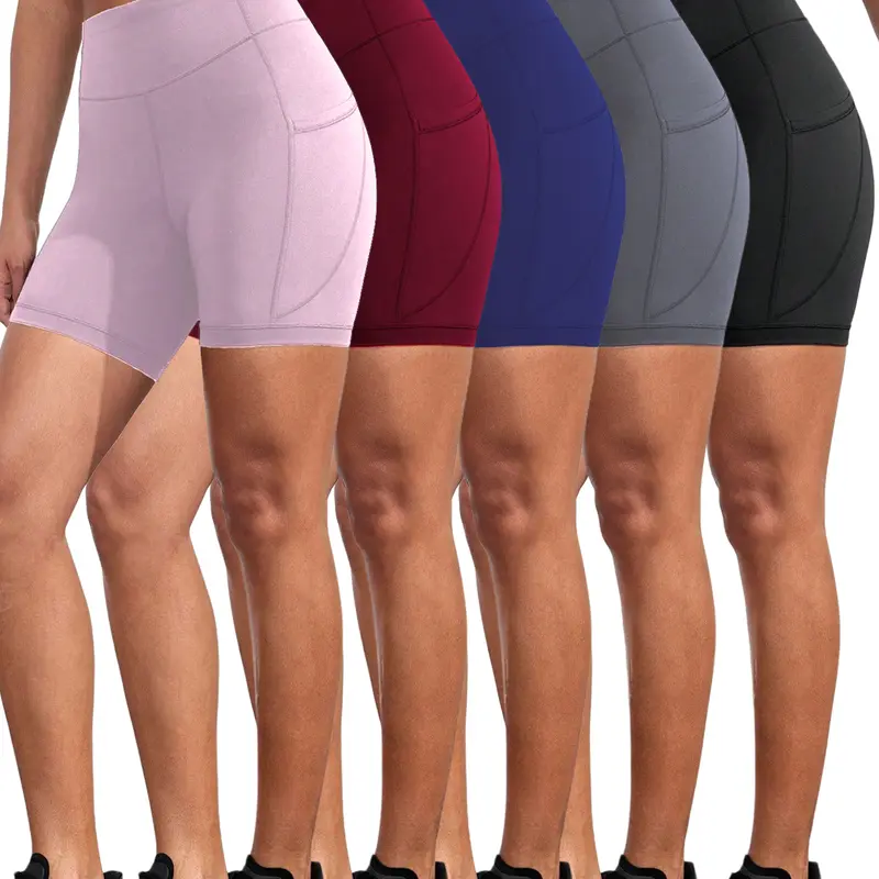 5-PACK Summer Quick-drying Seamless High-waisted Compression Yoga Shorts With Pockets For Running/gym Lounge & Casual Wear - Solid Color All-Season Machine Washable, Yoga Leggings, Flared Design, Highelastic Material