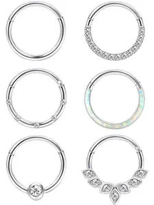 6Pcs 16G 18G Septum Rings Steel Nose Rings Hoop for Women Opal CZ Daith Cartilage Hoop Earring Clicker Septum Jewelry Hinged Hoop Nose Ring Lip Helix Rook Tragus Piercing Jewelry