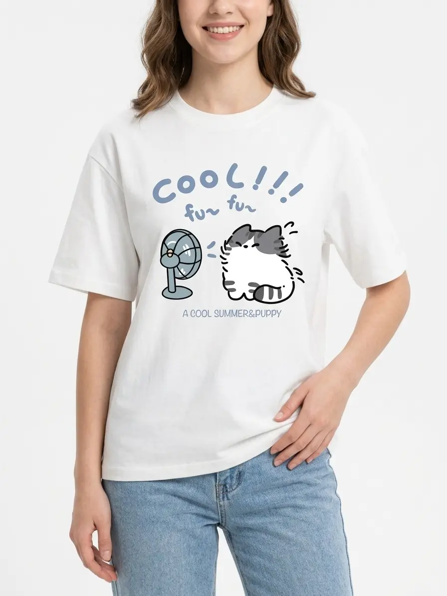 Kawaii Cat Tee Summer Graphic 100% Cotton Black White S-5XL Women Cute-style Asian-streetwear Casual-outfit