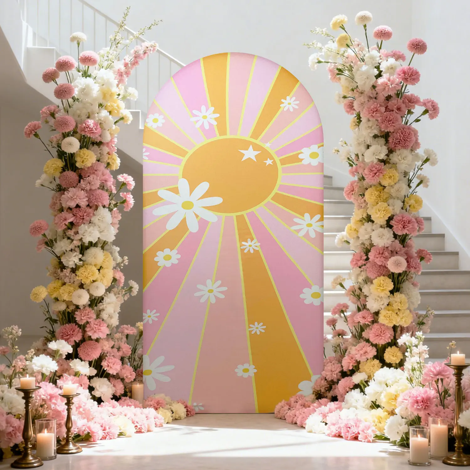 Polyester Retro Boho Sun & Daisy Arch Cover, Reversible Pink Groovy Sunburst Backdrop for Birthday, Wedding Party Decor