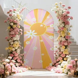 Retro Boho Sun & Daisy Arch Cover, Reversible Pink Groovy Sunburst Backdrop for Birthday, Baby Shower & Hippie Party Decor