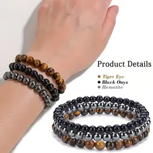 3PCS Natural Stone Beaded Bracelets Set | Tiger Eye, Hematite, Obsidian | Elastic, Triple Protection, Spiritual Jewelry Gift Bohemian Style, Minimalist Design Stackable Vintage Handmade Beaded Bracelet Reiki Spiritual Jewelry