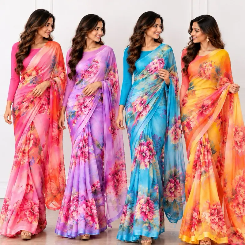 Women's Soft Chiffon Ring Saree - Lightweight Formal Clothes for Women - Available in Blue, Yellow, Purple, Pink - Ideal for Parties, Festivals