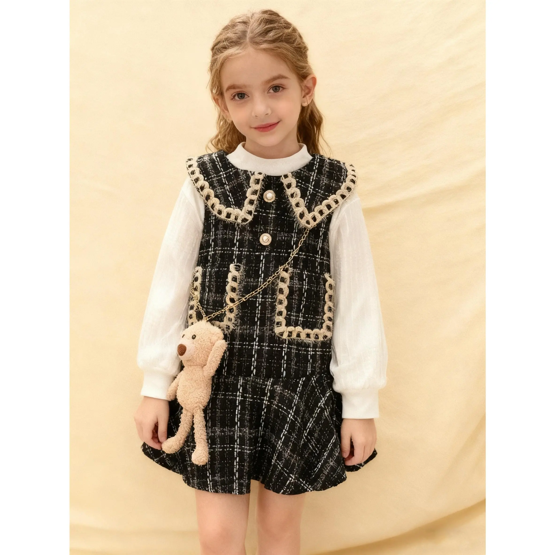 Preppy Chic Girls 3-Piece Set with Bear Pendant - Sheer Long Sleeve Top, Houndstooth Vest Skirt & Collar Detail, Perfect for School & Daily Wear