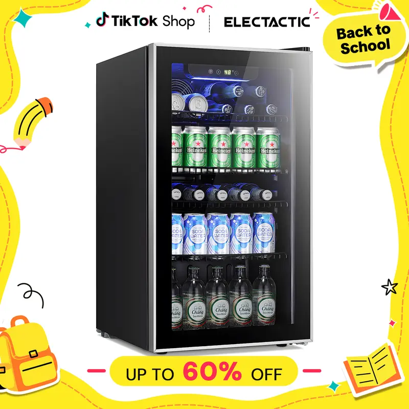 Electactic Upgraded 3.2cu.ft Mini Fridge Wine Cooler with Glass Door, Constant Temp, Lights, 26 Standard Wine Bottle Storage (Horiz. Bottle Rack), 130 Can Capacity, 40°F-61°F Temp Range, 0.64-4.4cu.ft Optional for Modern Home Living Room Mini Fridges
