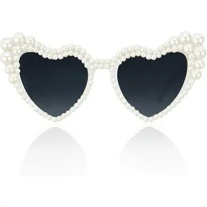 Pearl Sunglasses for Women, Pearl Glasses Vintage Love Heart Shaped Sunglasses for Women Girls Adults Dress up
