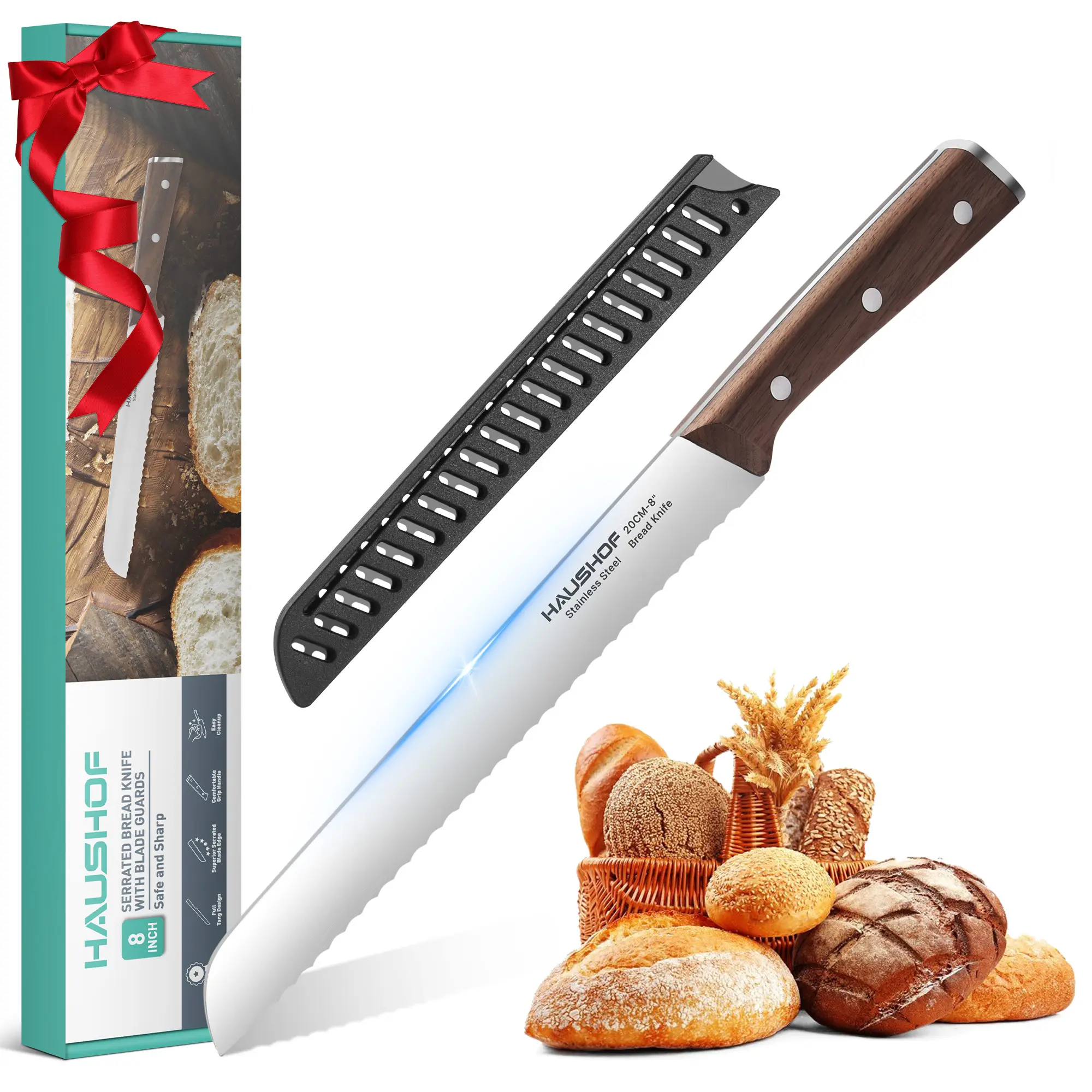 #backtoschool HAUSHOF Bread Knife with Sheath, Serrated Bread Knife for Homemade Bread, 5Cr15Mov Premium Stainless Steel Bread Cutter with Gift Box for Mom Dad, Full Tang and Ergonomic Handle