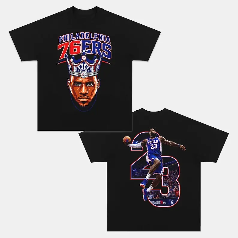 LeBron James 76ers Shirt, King James Number 23 Basketball Tee, Front and Back Graphic T-Shirt