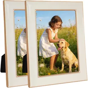 5x7 Enamel Picture Frame with Gold Metal Edge, Real Glass Photo Frames with Velvet Back, Horizontal and Vertical Display for Wall or Tabletop Desk Photo Gallery Decor (White, 2Pcs)