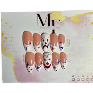 My MF Nails Halloween Clown Press On Nails Medium Stiletto Colorful Star & Clown Face Nail Art Fun Festival or Party Set