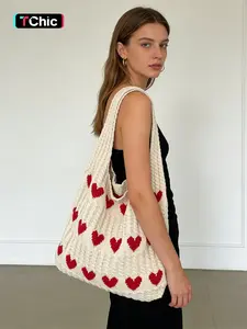 Simple hollowed-out heart pattern design shoulder bag, women's fashion casual beach knit bag, Fashionable shoulder bag