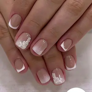 Spring Summer Essential Nail Stickers, Nude Floral French Manicure, Glitter Accents, Short Square Fake Nails, 24 Pieces