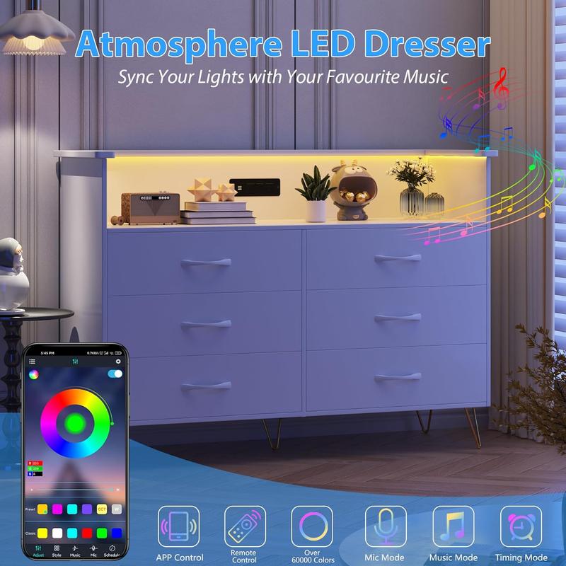 GARVEE Dresser with LED Light for Bedroom 6 Drawer, Wooden Dressers with Charging Station, Large Double Dresser with Wide Drawers, Modern Chests of Drawers for Living Room, Hallway, TV Stand
