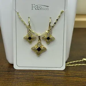 Fashion Earrings & Necklace Set Gold Laminated with Black Center Design