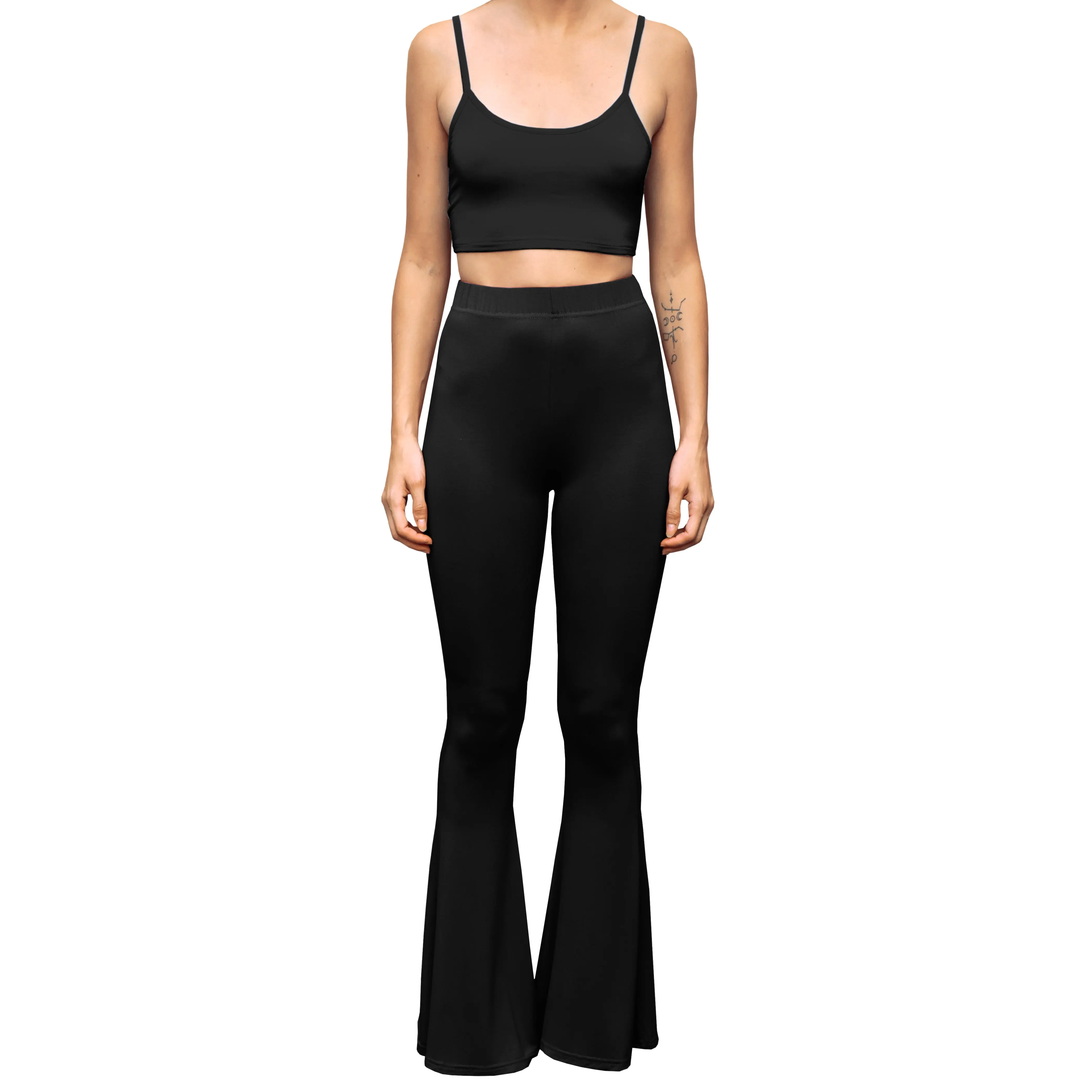 Daisy Del Sol Women’s Flare Stretch Yoga Comfortable High Waisted 70s Hippie Bohemian Legging Loungewear Festival Forbidden Pants Bell Bottoms  - Solid Black