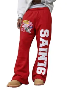 Men's Fashion Brand Pink Plush Sweatpants with Saints Graphic Contrasting Letter Print Elastic Waist Straight Tube All Seasons Street Style Sports Long Pants Tracksuit Outfit - Menswear, Casual