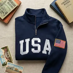 Embroidered USA Quarter Zip Sweatshirt, Retro USA With Flag Shirt, USA Pride, Semiquincentennial Gift