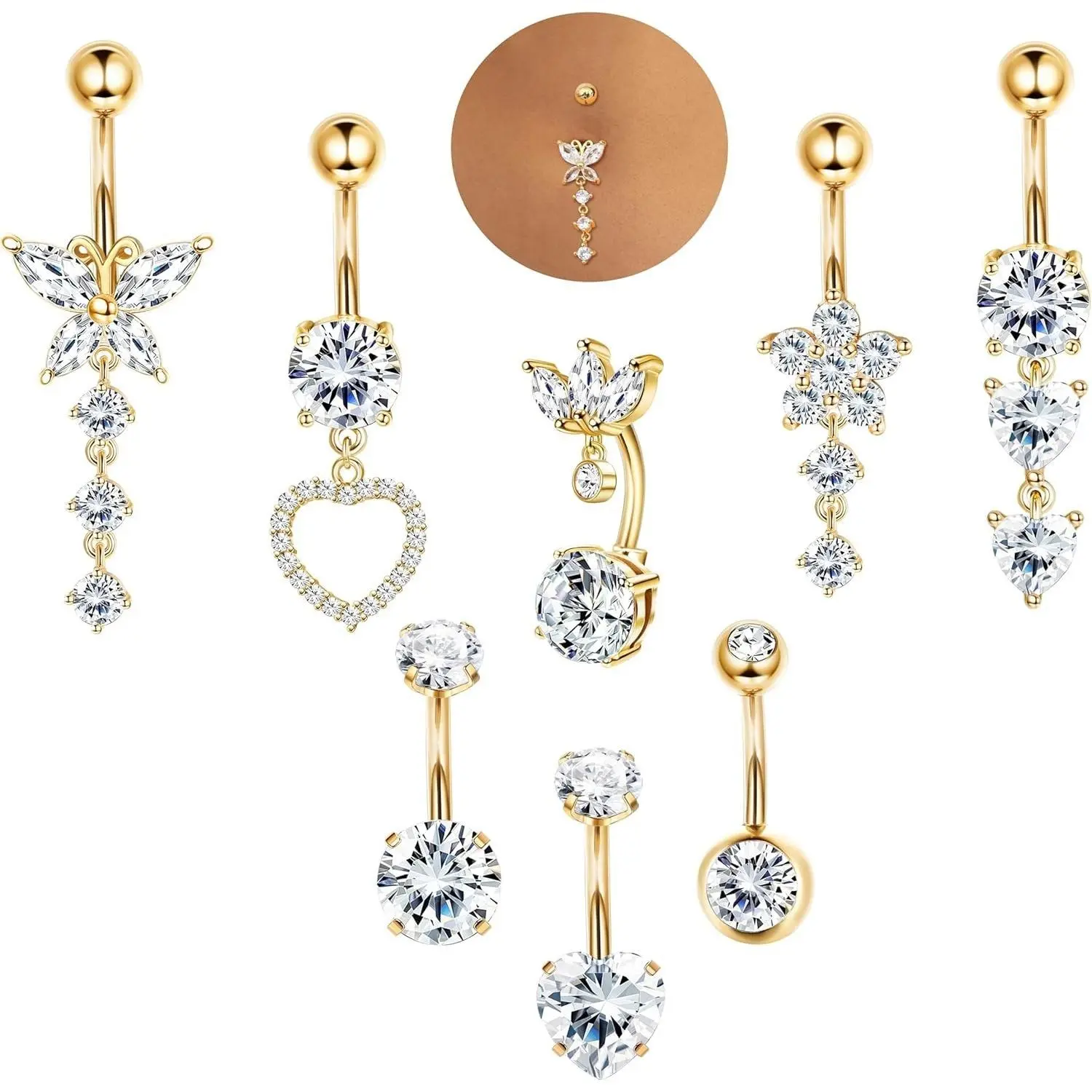 YADOCA 8 Pcs Dangly Belly Button Bars Gold Surgical Steel Belly Bars Silver Butterfly Heart Zircon Belly Button Piercing Gold Belly Bar Blue Pink Belly Piercing for Women