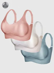 3pcs Women's Solid breasted Adjustable Wireless Bra, Womenswear Lingerie for All Seasons Valentine's Day, girl bra,Soft Comfortable Breathable Ribbed Push Up Seamless Bra, gift
