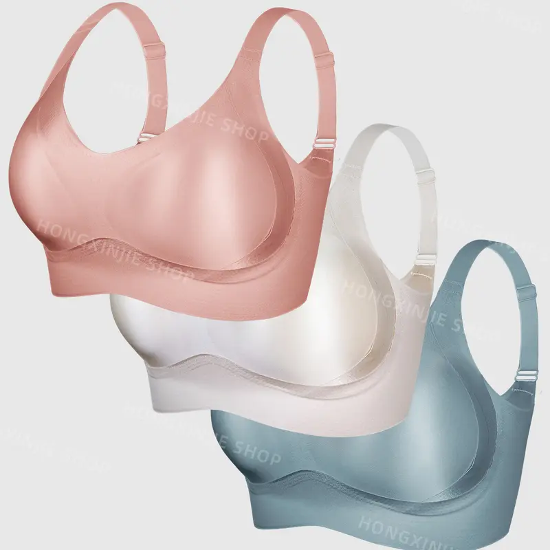 Women's 3pcs Solid Elegant Wireless Bra Set - Adjustable Ribbed Push Up, Soft Breathable Fabric, Flexible Fit Straps, Seamless Under Tops Everyday Lingerie, Breasted Underwear for Women, 3 colors-1, All Seasons Style, Valentine's Day Gift