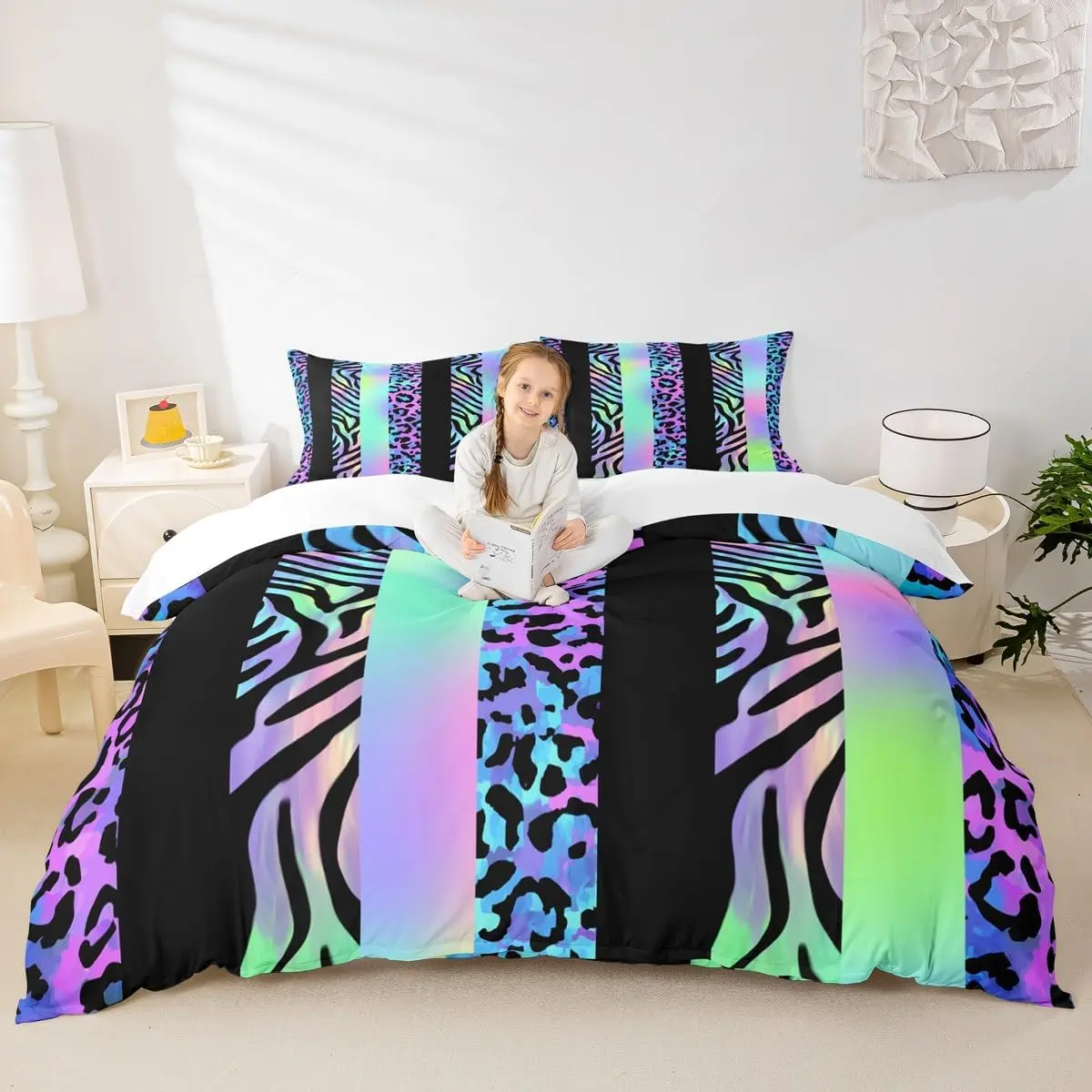 Leopard Duvet Cover Set Abstract Cheetah Zebra Skin Bedding Set,Adults Room Decor,Geometric Stripes Patchwork Comforter Cover,Blue Purple Gradient Quilt Cover