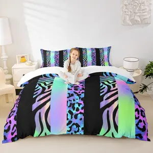 Leopard Kids Duvet Cover Set Abstract Cheetah Zebra Skin Bedding Set,Girls Boys Adults Room Decor,Geometric Stripes Patchwork Comforter Cover,Blue Purple Gradient Quilt Cover