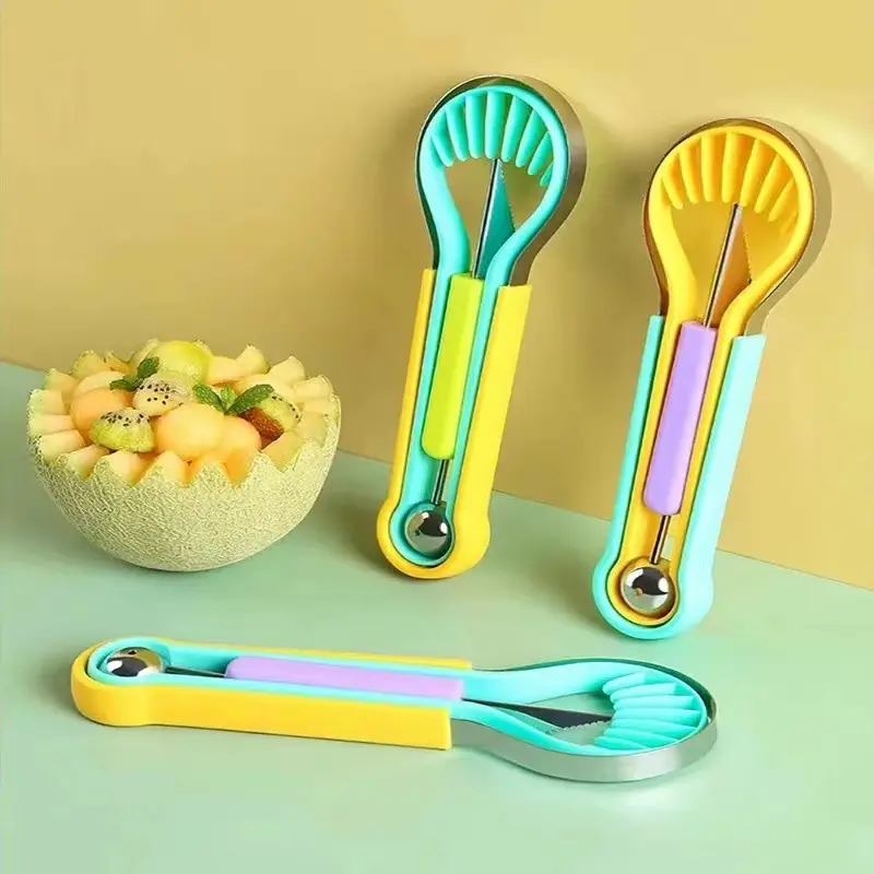 3 in 1 Melon Baller Scoop Set, Green | Stainless Steel, Fruit Cutters Shapes, Watermelon Scooper and Baller, Fruit Carving Tools
