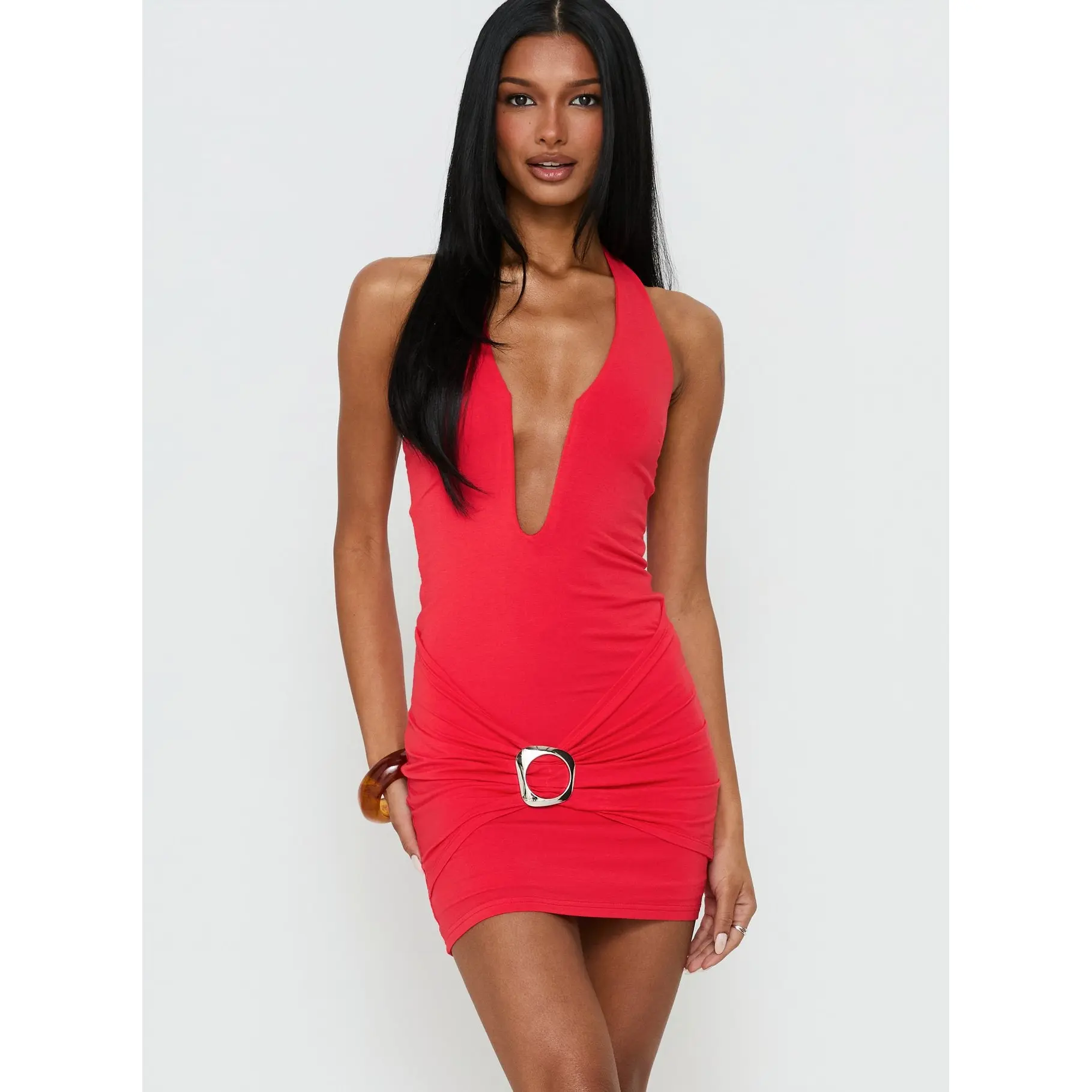 Margeaux Plunge Hardware Mini Dress Red