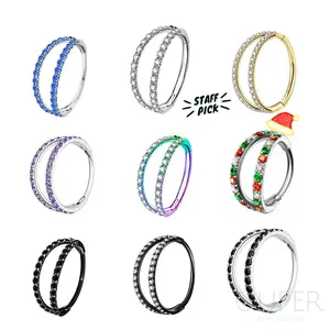 OUFER BODY JEWELRY Stainless Steel Rhinestone CZ Hinged Double Row Nose Hoop Ring - Easy Insert, Multi-Size (16G-20G, 5mm-12mm Inner Diameter) for Nose, Conch Piercings, Daily Wear, Nose Piercing