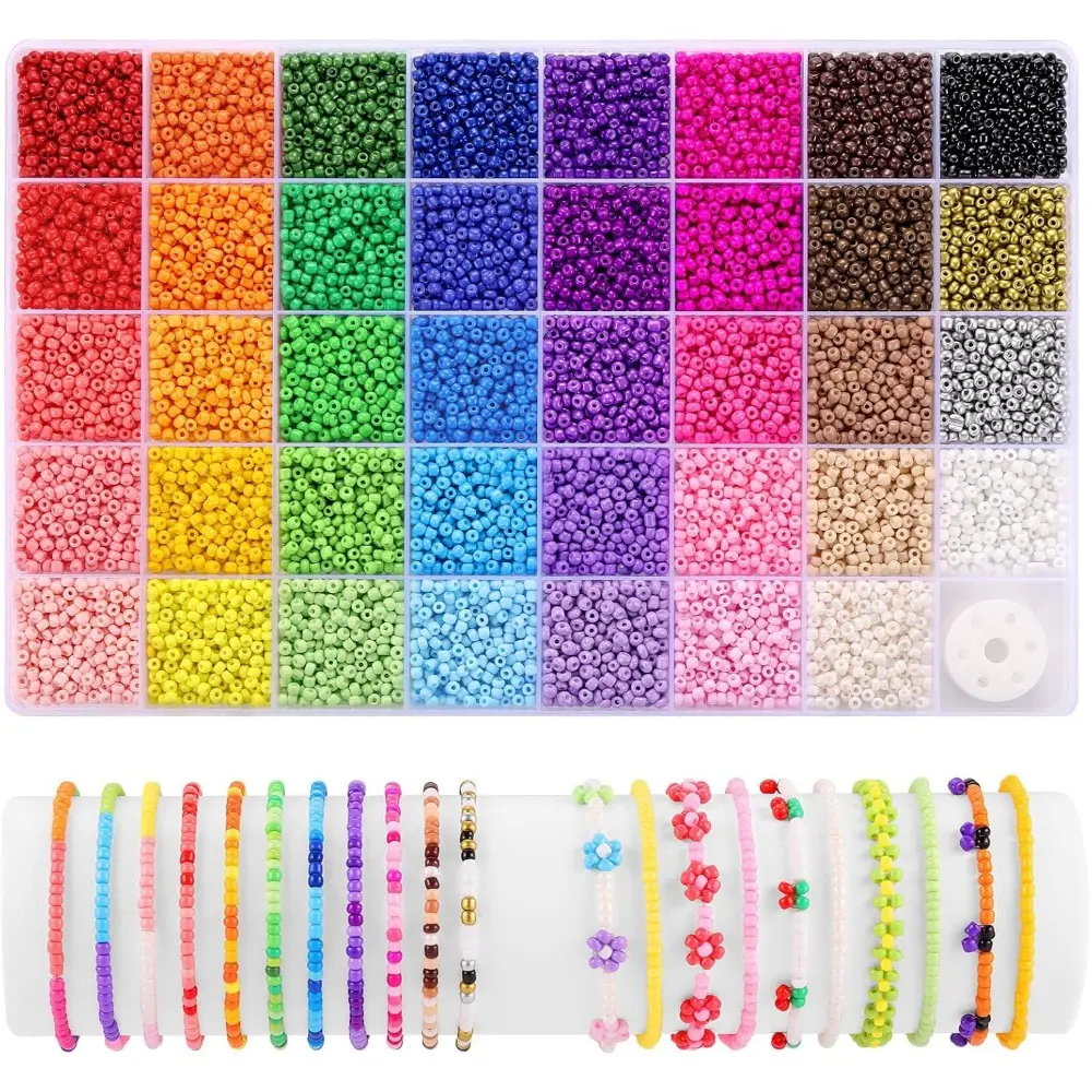 9600Pcs 3mm Glass Seed Beads DIY Bracelet Kit Making Set with Elastic String, Storage Box for Bracelets, Necklaces Jewelry Crafting
