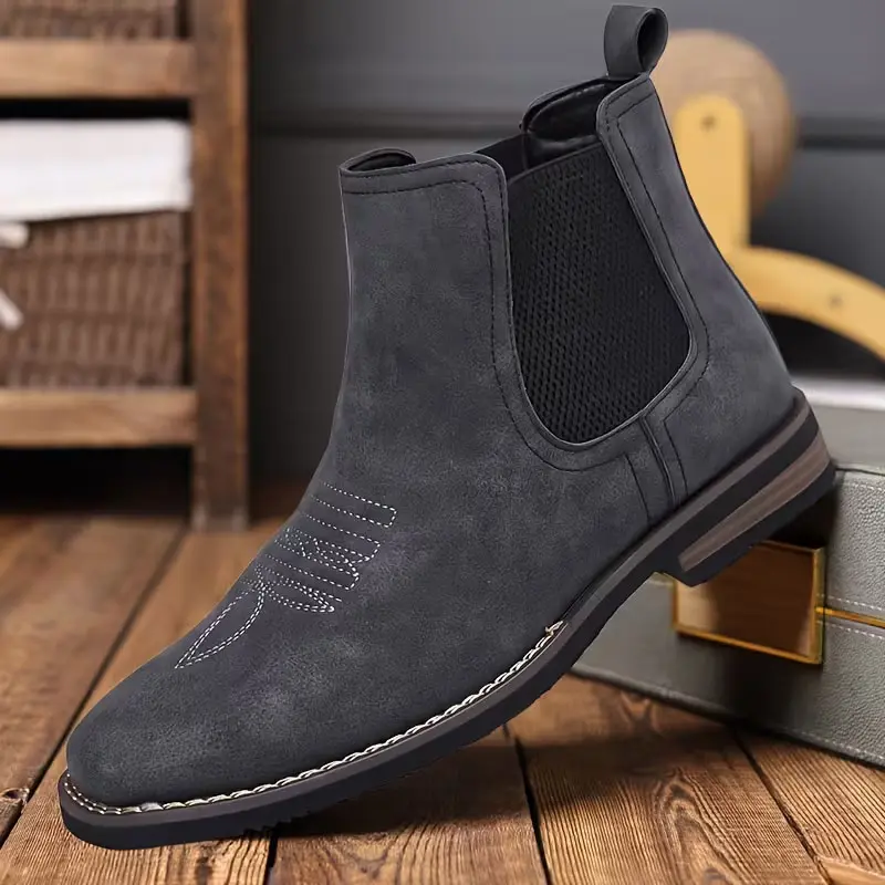 Men's western cowboy boots, square-toed work short boots; embroidered Chelsea men's boots - unique European style, outdoor casual closed-toe shoes for walking, business casual shoes