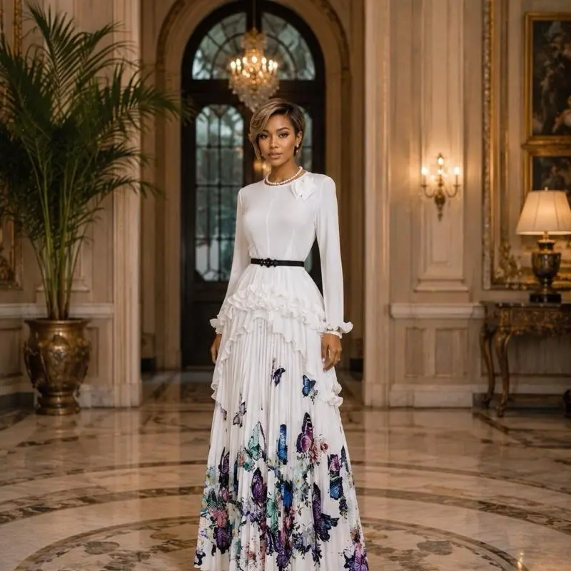 Women's Elegant Flowy Pleated Chiffon Midi Dress - Long Sleeves, High Neck, Floral Detail, Cinched Waist, Flattering Cut, True-to-Size, Church-Ready Look, Comfortable, Ideal for Wedding Guests, Dinners