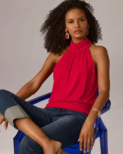 So Chic High Neck Blouson Knit Top Tomato Red