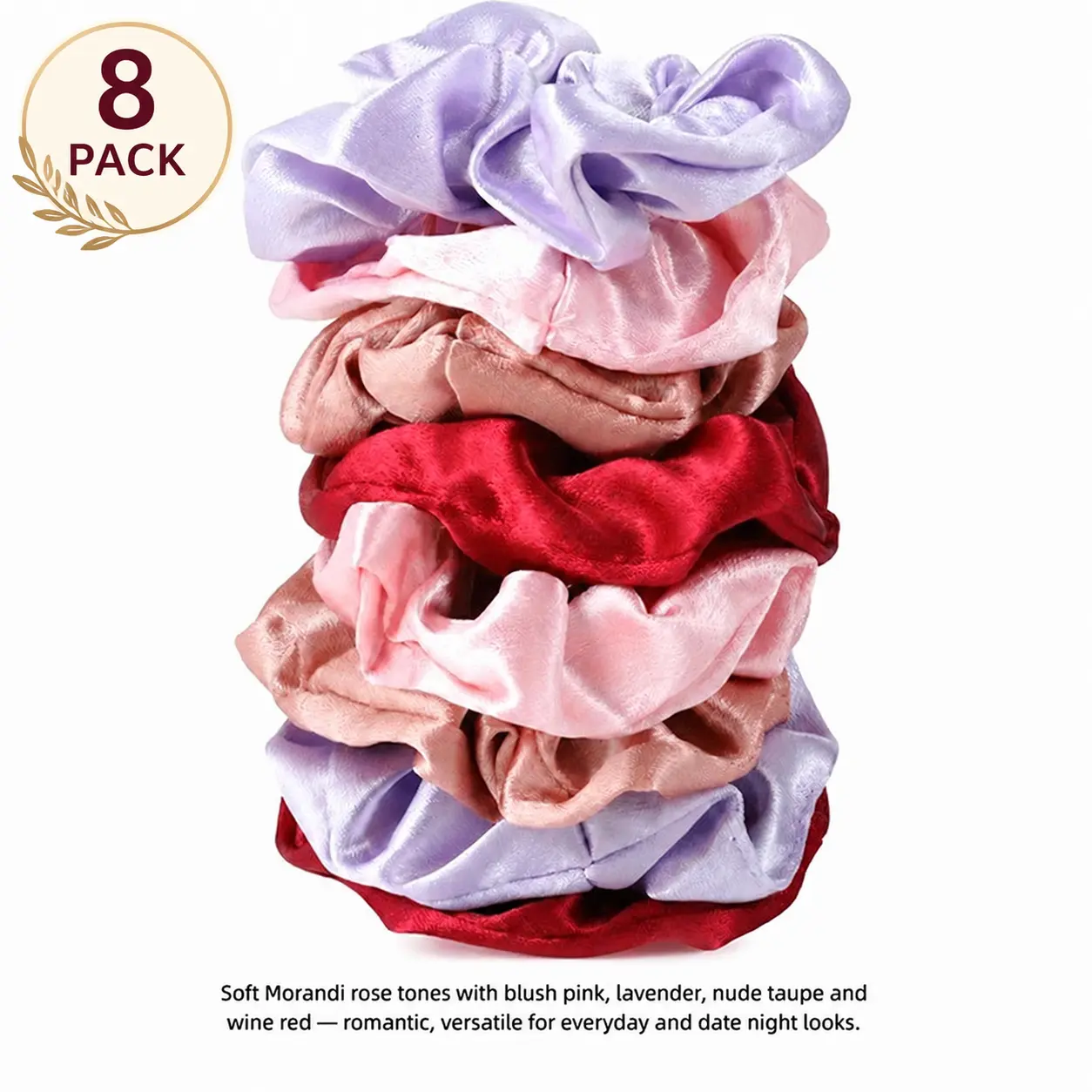 8-Pack Satin Hair Scrunchies, 100% Polyester, Soft Silky Hair Ties, Non-Damaging, Morandi Pastel Hair Accessories（Pre-Order）