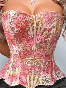 Women's Boned Corset Top, Underwear, with Lace Overlay & Adjustable Drawstring - Double Layer Shaping Bodice, Front Zipper Closure, Cinching Waist for Timer Figure, Vintage Style, Special Occasion Wear, Geometric