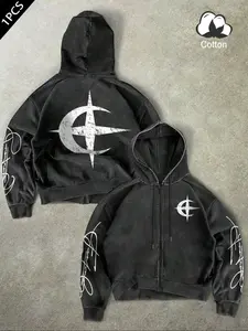 Men's Cotton Zipper Hoodie, Star Pattern Graphic Print, Loose Fit Casual Long Sleeve Sweatshirt, Fashionable Spring & Fall Top