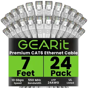 Gearit Cat 6 Ethernet Cable (24-Pack 7 Feet) Cat6 Network Patch, 10Gbps, RJ45, Snagless Cord, Gold-Plated Connectors, Internet for PC, TV, Tablet, Router, Printer, Servers, IT Data Center - White GoDirectInc.com
