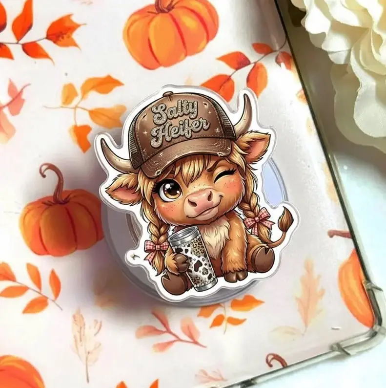 Salty Heifer Funny Highland Cow Phone Grip Magsafe, Highland Cow With Coffee Cup Kindle Grip, Cartoon Cow Grip Holder, Cartoon Phone Grip, Gift for Girls Boys