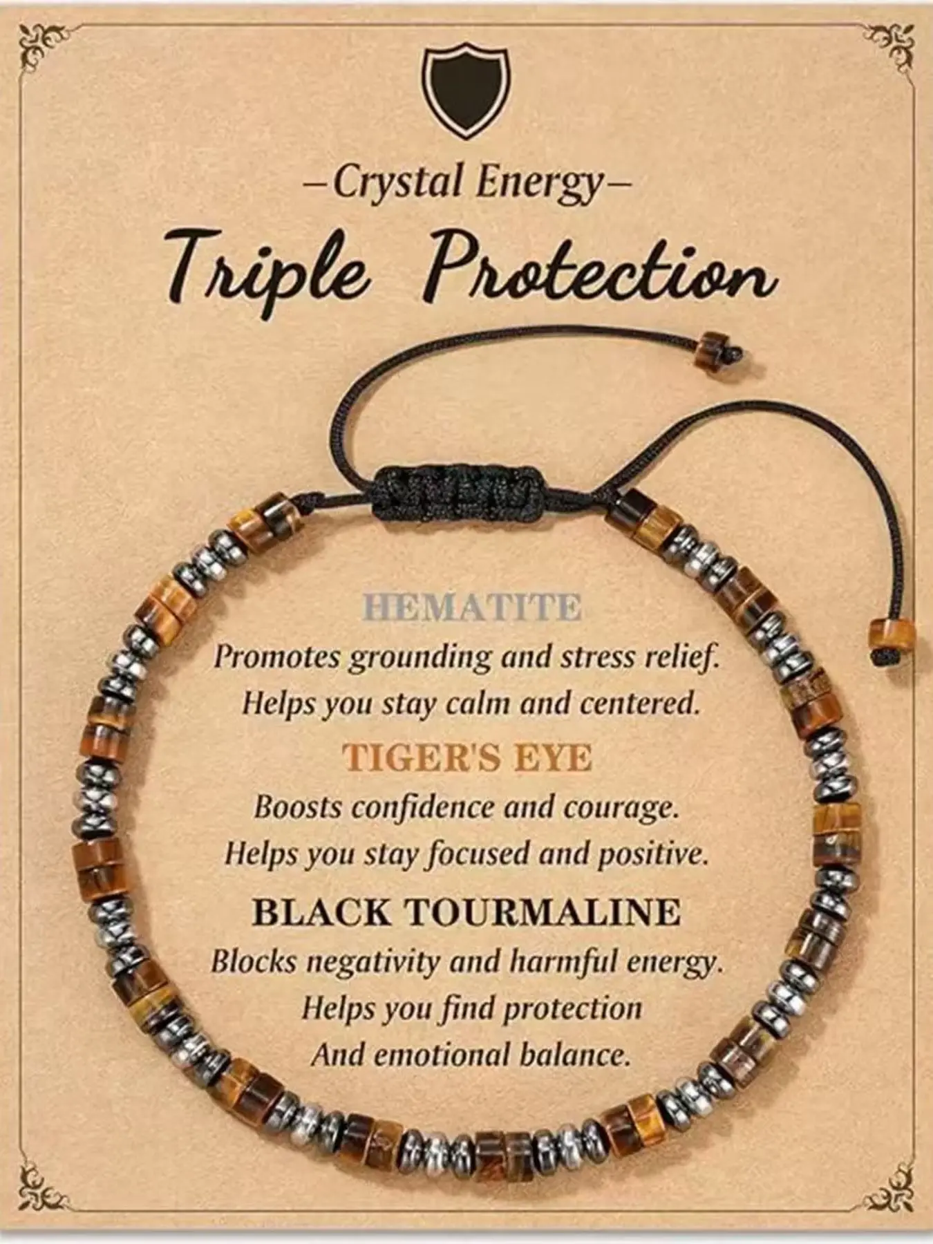 Morse Code Crystal Energy Bracelet with Card, Triple Protection, Gift for Dad Son Husband, Iron Ore Tiger Eye Tourmaline, Power Beads Bracelets, Stone Bracelets