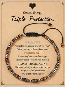 Morse Code Crystal Energy Bracelet with Card, Triple Protection, Gift for Dad Son Husband, Iron Ore Tiger Eye Tourmaline, Power Beads Bracelets