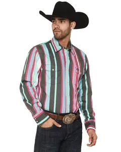 Wrangler Men's Brushpopper Denim Striped Long Sleeve Snap Western Shirt - 112379230