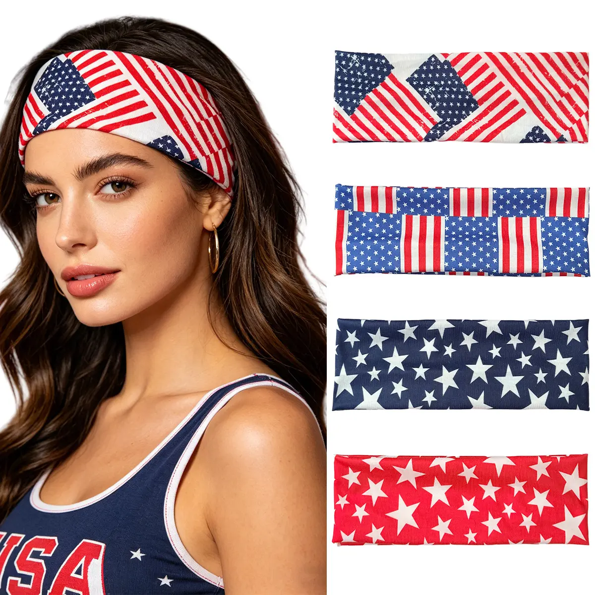 American Flag Elastic Sporty Headband - Wide Independence Day Festive Hair Accessory, Sweat-Wicking for Sports & Fitness, Sporty Sports Headbands