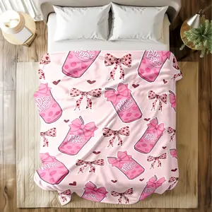Pink Dr Pepper & Bow Print Flannel Blanket - Super Soft & Skin - friendly, Long - Lasting & Quick - Drying, Machine Washable, Multi - Size for Bed, Sofa, Travel, Camping & Office Naps, Ideal Gift for Fans of Cute & Girly Style, Food Themed Blanket